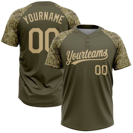 Maxcorners Custom Olive Vegas Gold Salute To Service Camo Raglan Sleeves Two-Button Unisex Softball Jersey LM2605