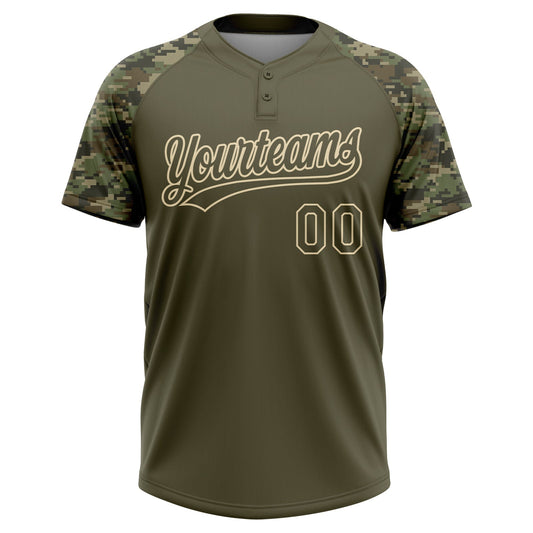 Maxcorners Custom Olive Cream Salute To Service Camo Raglan Sleeves Two-Button Unisex Softball Jersey LM2605