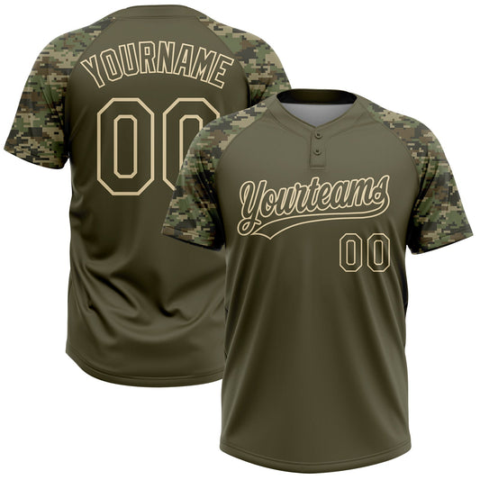 Maxcorners Custom Olive Cream Salute To Service Camo Raglan Sleeves Two-Button Unisex Softball Jersey LM2605