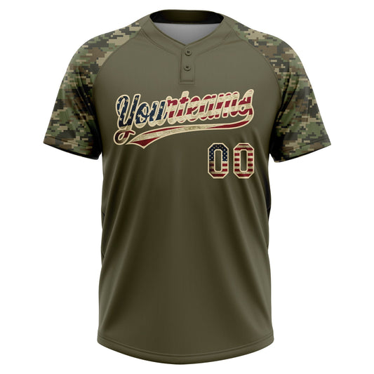 Maxcorners Custom Olive Vintage USA Flag-Cream Salute To Service Camo Raglan Sleeves Two-Button Unisex Softball Jersey LM2605