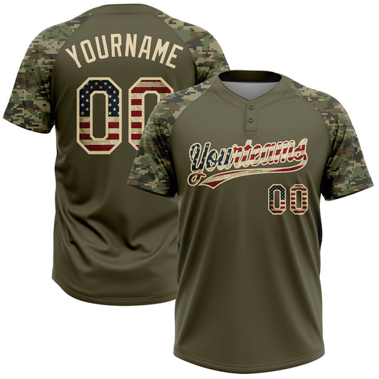Maxcorners Custom Olive Vintage USA Flag-Cream Salute To Service Camo Raglan Sleeves Two-Button Unisex Softball Jersey LM2605