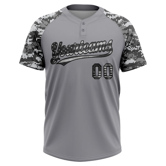 Maxcorners Custom Gray Vintage USA Flag-Black Salute To Service Camo Raglan Sleeves Two-Button Unisex Softball Jersey LM2605