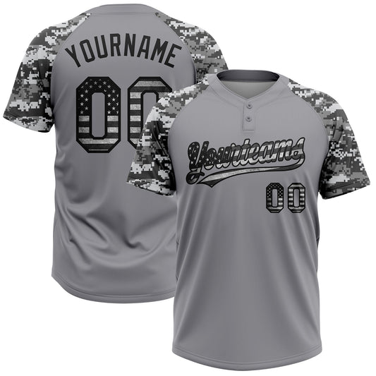 Maxcorners Custom Gray Vintage USA Flag-Black Salute To Service Camo Raglan Sleeves Two-Button Unisex Softball Jersey LM2605