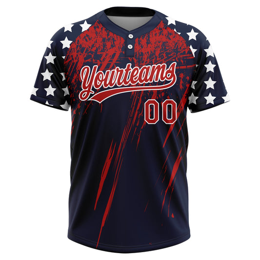 Maxcorners Custom Navy Red-White Distressed Scratch Brush Stroke Star Raglan Sleeves Two-Button Unisex Softball Jersey LM2605