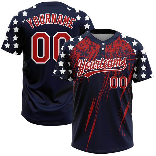 Maxcorners Custom Navy Red-White Distressed Scratch Brush Stroke Star Raglan Sleeves Two-Button Unisex Softball Jersey LM2605