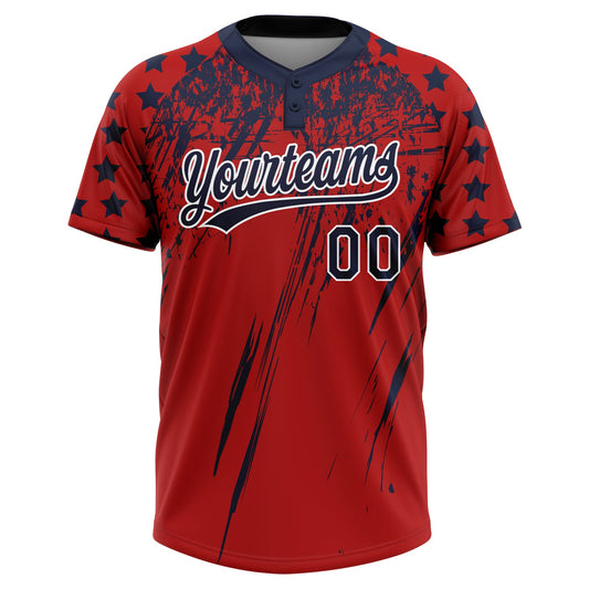 Maxcorners Custom Red Navy-White Distressed Scratch Brush Stroke Star Raglan Sleeves Two-Button Unisex Softball Jersey LM2605