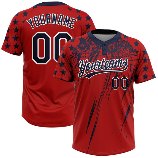 Maxcorners Custom Red Navy-White Distressed Scratch Brush Stroke Star Raglan Sleeves Two-Button Unisex Softball Jersey LM2605