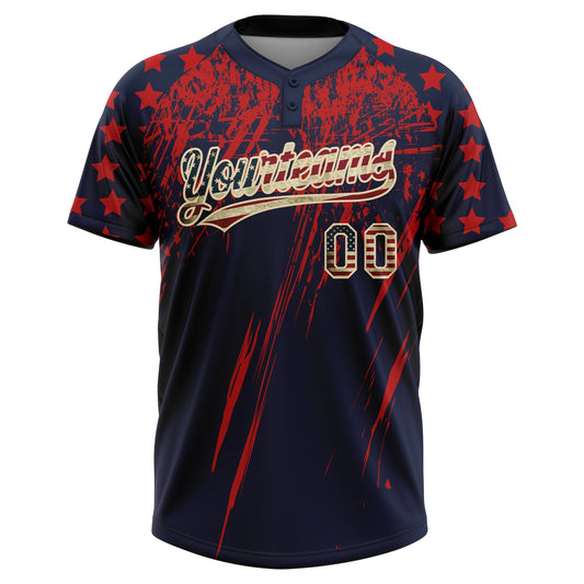 Maxcorners Custom Navy Vintage USA Flag Red-Cream Distressed Scratch Brush Stroke Star Raglan Sleeves Two-Button Unisex Softball Jersey LM2605