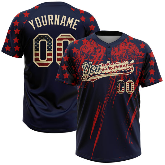 Maxcorners Custom Navy Vintage USA Flag Red-Cream Distressed Scratch Brush Stroke Star Raglan Sleeves Two-Button Unisex Softball Jersey LM2605