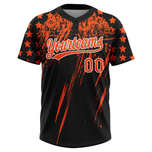 Maxcorners Custom Black Orange-White Distressed Scratch Brush Stroke Star Raglan Sleeves Two-Button Unisex Softball Jersey LM2605