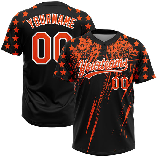 Maxcorners Custom Black Orange-White Distressed Scratch Brush Stroke Star Raglan Sleeves Two-Button Unisex Softball Jersey LM2605