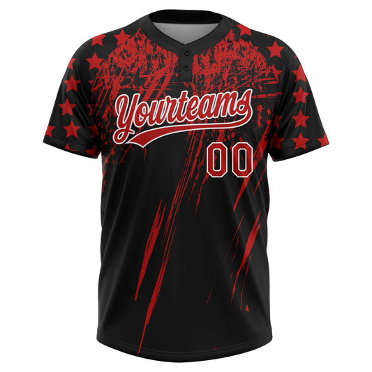 Maxcorners Custom Black Red-White Distressed Scratch Brush Stroke Star Raglan Sleeves Two-Button Unisex Softball Jersey LM2605