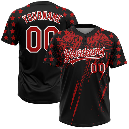 Maxcorners Custom Black Red-White Distressed Scratch Brush Stroke Star Raglan Sleeves Two-Button Unisex Softball Jersey LM2605