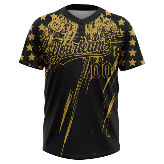 Maxcorners Custom Black Old Gold Distressed Scratch Brush Stroke Star Raglan Sleeves Two-Button Unisex Softball Jersey LM2605