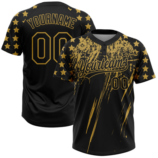 Maxcorners Custom Black Old Gold Distressed Scratch Brush Stroke Star Raglan Sleeves Two-Button Unisex Softball Jersey LM2605