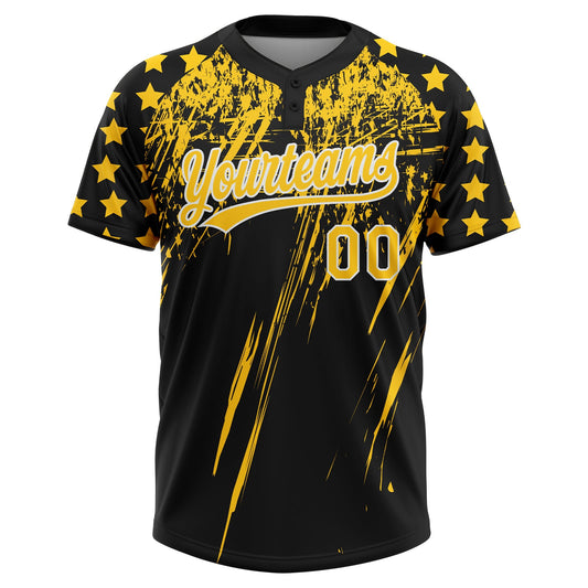 Maxcorners Custom Black Yellow-White Distressed Scratch Brush Stroke Star Raglan Sleeves Two-Button Unisex Softball Jersey LM2605