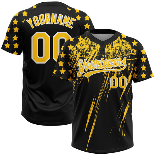 Maxcorners Custom Black Yellow-White Distressed Scratch Brush Stroke Star Raglan Sleeves Two-Button Unisex Softball Jersey LM2605