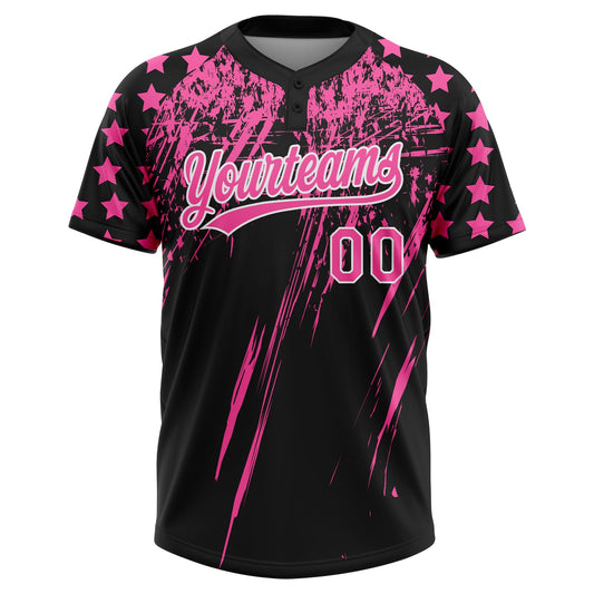Maxcorners Custom Black Pink-White Distressed Scratch Brush Stroke Star Raglan Sleeves Two-Button Unisex Softball Jersey LM2605