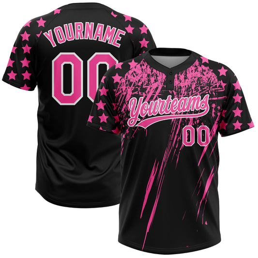 Maxcorners Custom Black Pink-White Distressed Scratch Brush Stroke Star Raglan Sleeves Two-Button Unisex Softball Jersey LM2605