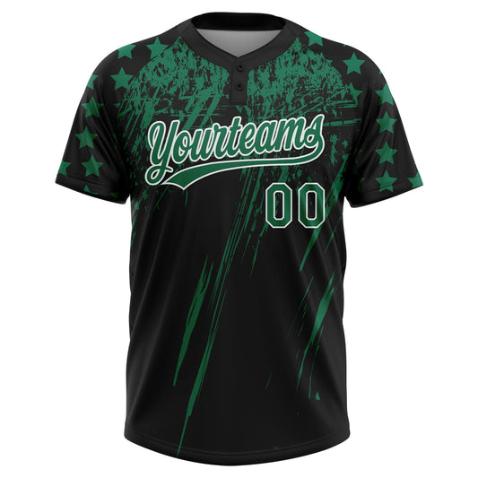 Maxcorners Custom Black Kelly Green-White Distressed Scratch Brush Stroke Star Raglan Sleeves Two-Button Unisex Softball Jersey LM2605