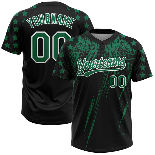 Maxcorners Custom Black Kelly Green-White Distressed Scratch Brush Stroke Star Raglan Sleeves Two-Button Unisex Softball Jersey LM2605