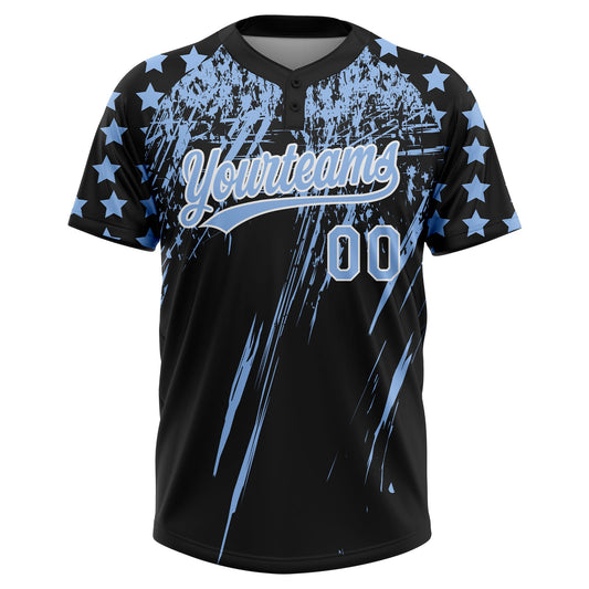 Maxcorners Custom Black Light Blue-White Distressed Scratch Brush Stroke Star Raglan Sleeves Two-Button Unisex Softball Jersey LM2605