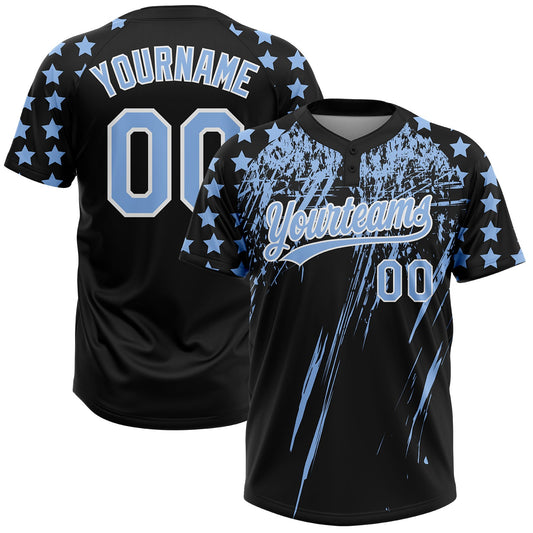 Maxcorners Custom Black Light Blue-White Distressed Scratch Brush Stroke Star Raglan Sleeves Two-Button Unisex Softball Jersey LM2605