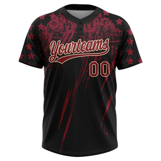 Maxcorners Custom Black Crimson-Cream Distressed Scratch Brush Stroke Star Raglan Sleeves Two-Button Unisex Softball Jersey LM2605