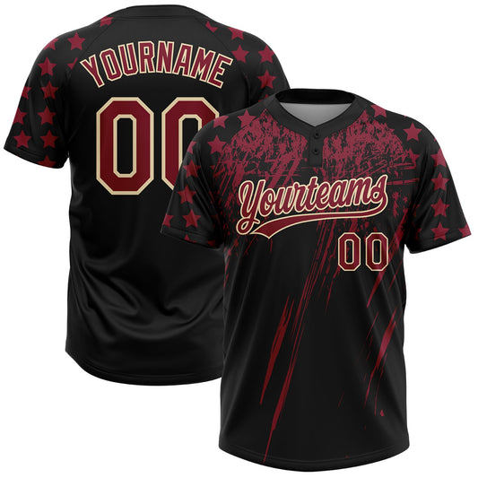 Maxcorners Custom Black Crimson-Cream Distressed Scratch Brush Stroke Star Raglan Sleeves Two-Button Unisex Softball Jersey LM2605