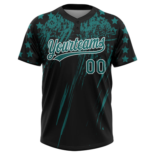 Maxcorners Custom Black Teal-White Distressed Scratch Brush Stroke Star Raglan Sleeves Two-Button Unisex Softball Jersey LM2605