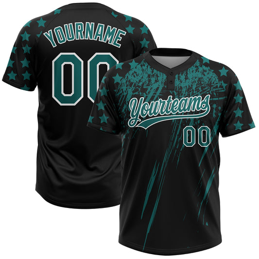Maxcorners Custom Black Teal-White Distressed Scratch Brush Stroke Star Raglan Sleeves Two-Button Unisex Softball Jersey LM2605