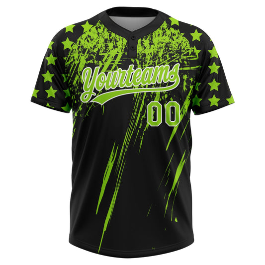 Maxcorners Custom Black Neon Green-White Distressed Scratch Brush Stroke Star Raglan Sleeves Two-Button Unisex Softball Jersey LM2605