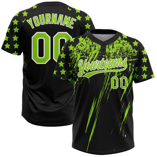 Maxcorners Custom Black Neon Green-White Distressed Scratch Brush Stroke Star Raglan Sleeves Two-Button Unisex Softball Jersey LM2605