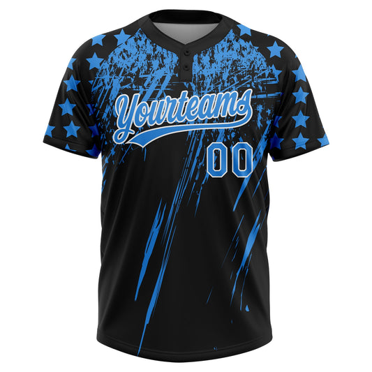 Maxcorners Custom Black Electric Blue-White Distressed Scratch Brush Stroke Star Raglan Sleeves Two-Button Unisex Softball Jersey LM2605