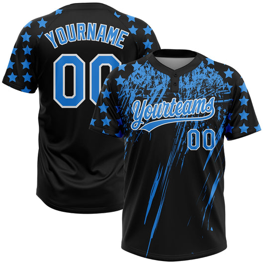 Maxcorners Custom Black Electric Blue-White Distressed Scratch Brush Stroke Star Raglan Sleeves Two-Button Unisex Softball Jersey LM2605