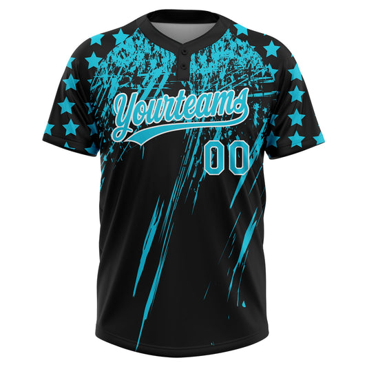Maxcorners Custom Black Lakes Blue-White Distressed Scratch Brush Stroke Star Raglan Sleeves Two-Button Unisex Softball Jersey LM2605