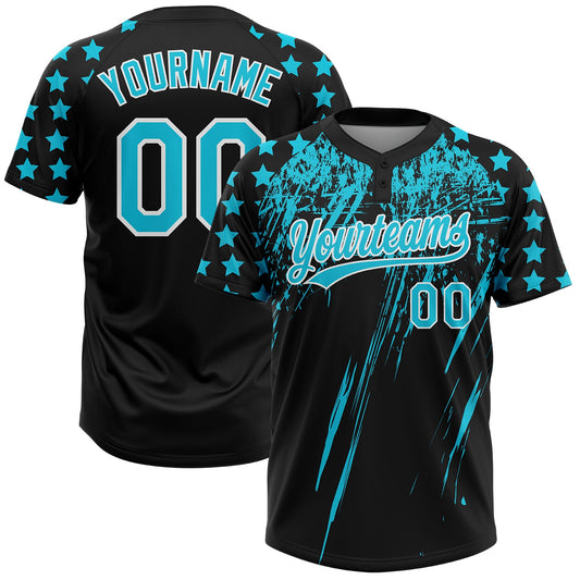 Maxcorners Custom Black Lakes Blue-White Distressed Scratch Brush Stroke Star Raglan Sleeves Two-Button Unisex Softball Jersey LM2605