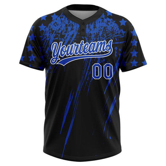 Maxcorners Custom Black Thunder Blue-White Distressed Scratch Brush Stroke Star Raglan Sleeves Two-Button Unisex Softball Jersey LM2605