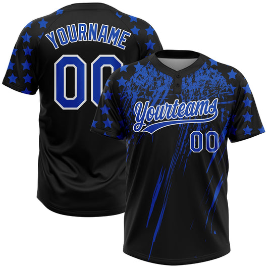 Maxcorners Custom Black Thunder Blue-White Distressed Scratch Brush Stroke Star Raglan Sleeves Two-Button Unisex Softball Jersey LM2605