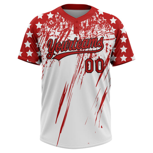 Maxcorners Custom White Red-Black Distressed Scratch Brush Stroke Star Raglan Sleeves Two-Button Unisex Softball Jersey LM2605