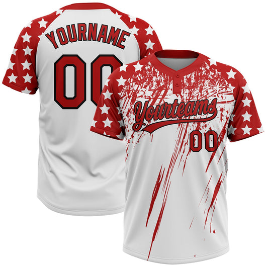 Maxcorners Custom White Red-Black Distressed Scratch Brush Stroke Star Raglan Sleeves Two-Button Unisex Softball Jersey LM2605