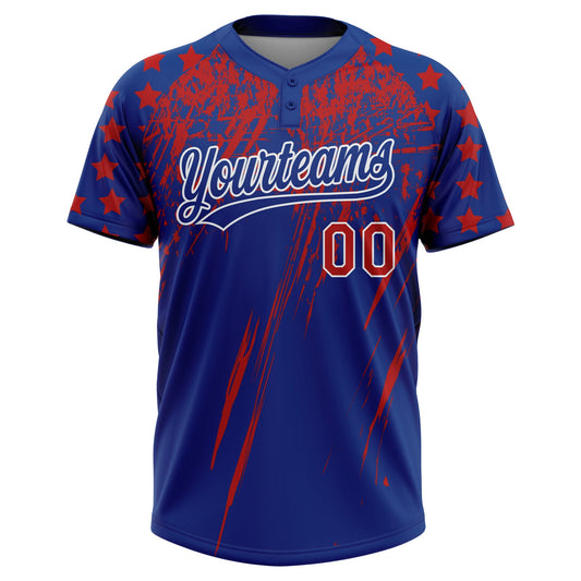 Maxcorners Custom Royal Red-White Distressed Scratch Brush Stroke Star Raglan Sleeves Two-Button Unisex Softball Jersey LM2605