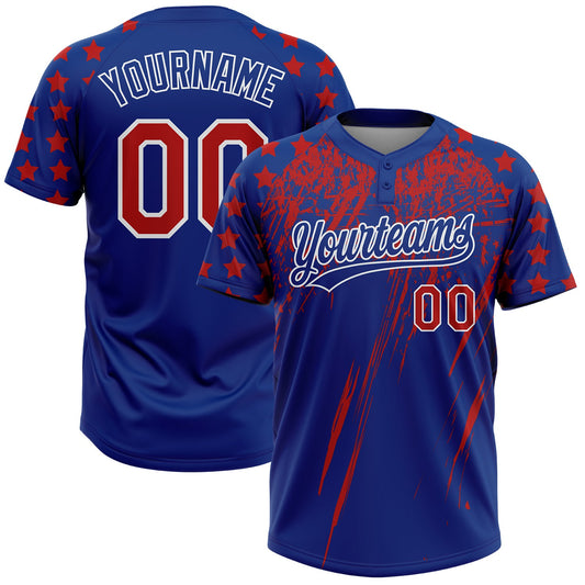 Maxcorners Custom Royal Red-White Distressed Scratch Brush Stroke Star Raglan Sleeves Two-Button Unisex Softball Jersey LM2605