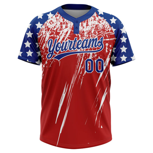 Maxcorners Custom Red Royal-White Distressed Scratch Brush Stroke Star Raglan Sleeves Two-Button Unisex Softball Jersey LM2605