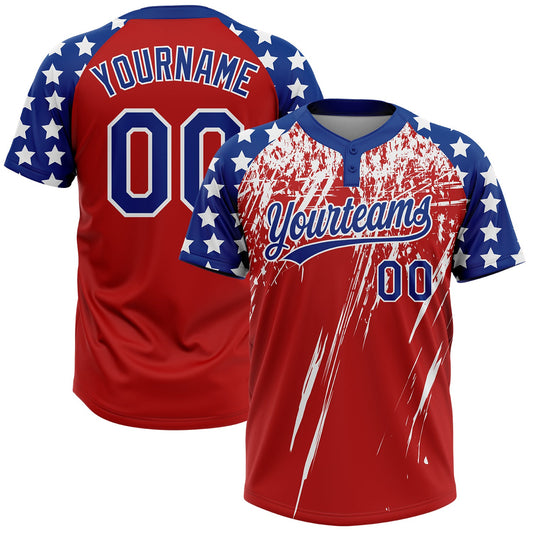 Maxcorners Custom Red Royal-White Distressed Scratch Brush Stroke Star Raglan Sleeves Two-Button Unisex Softball Jersey LM2605