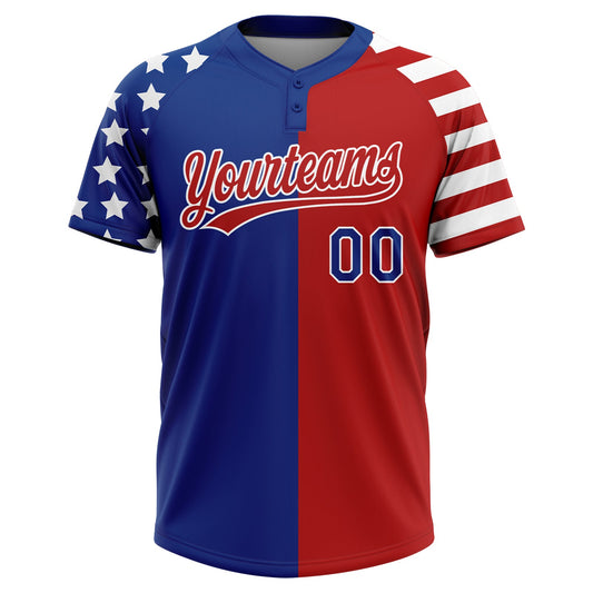 Maxcorners Custom Red Royal-White Stars & Stripes Raglan Sleeves Two-Button Unisex Softball Jersey LM2605