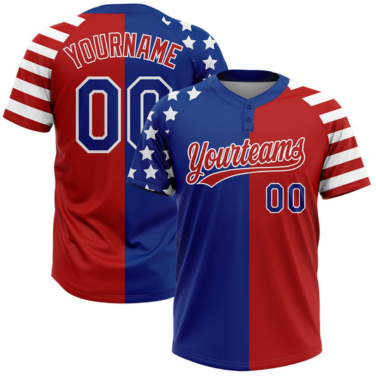 Maxcorners Custom Red Royal-White Stars & Stripes Raglan Sleeves Two-Button Unisex Softball Jersey LM2605