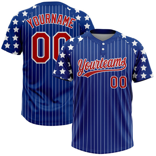 Maxcorners Custom Royal White Pinstripe Red Star Raglan Sleeves Two-Button Unisex Softball Jersey LM2605