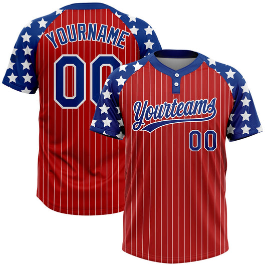 Maxcorners Custom Red White Pinstripe Royal Star Raglan Sleeves Two-Button Unisex Softball Jersey LM2605