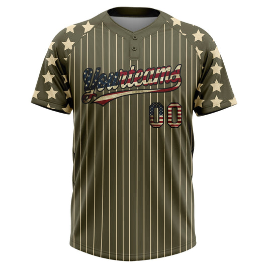 Maxcorners Custom Olive Cream Pinstripe Vintage USA Flag-Black Salute To Service Star Raglan Sleeves Two-Button Unisex Softball Jersey LM2605